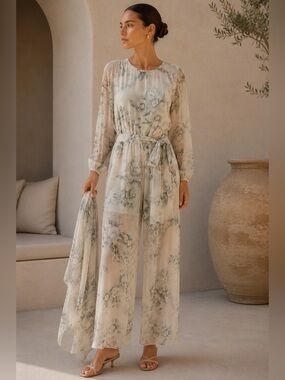 Vintage Sheer Floral Jumpsuit with Scarf | Romantic Wide Leg One Piece